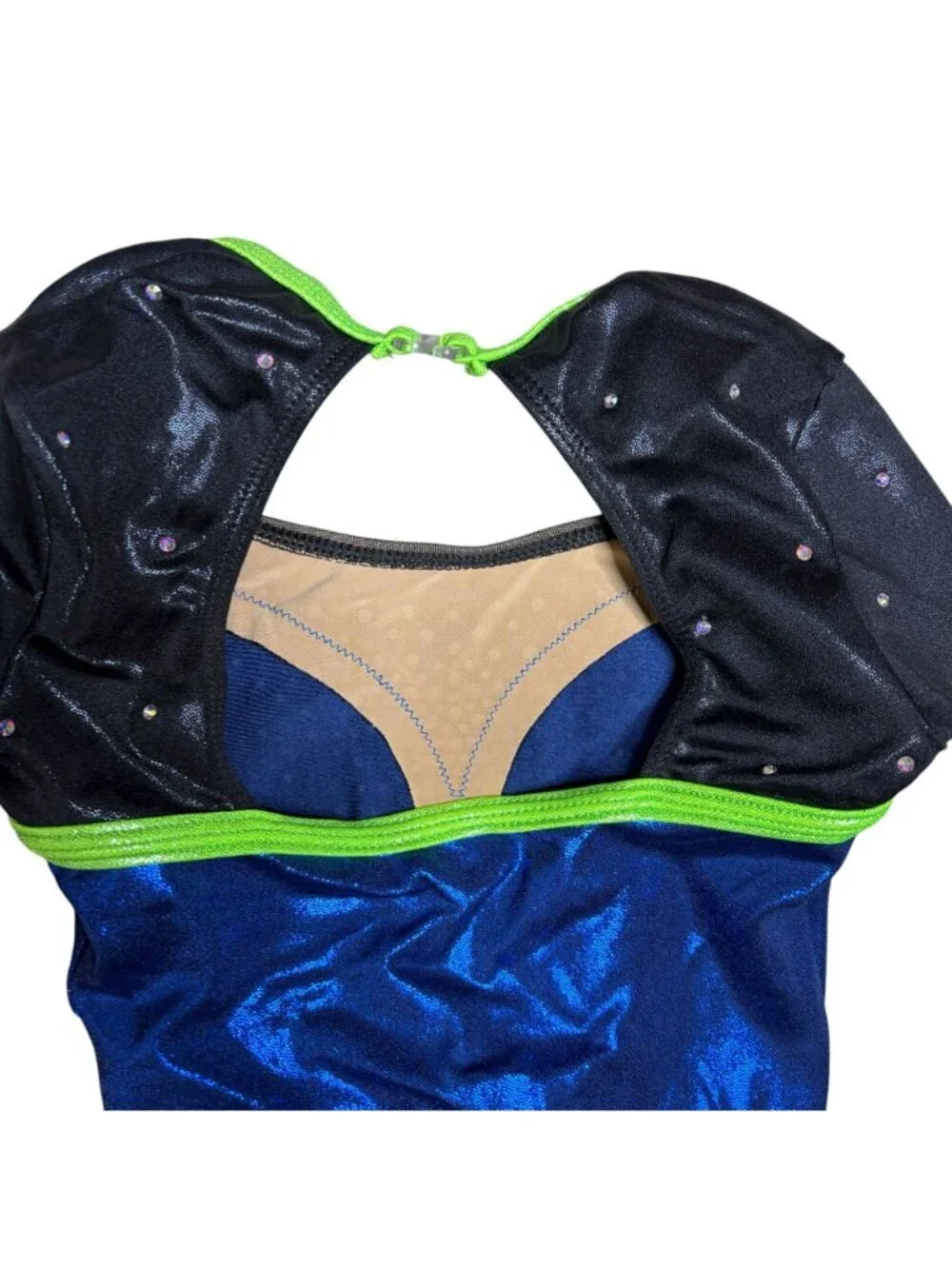 GK Competition Leotard Size SM Child Medium Blue Black Lime Green 3/4 Sleeve